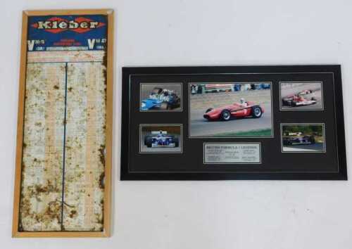 A British Formula 1 Legends photographic display, comprising photographs of Jackie Stewart, Damon Hill, Sterling Moss, James Hunt and Nigel Mansell, framed, 37cm x 74.5cm, together with a sign, to one side Body Repair Reception, the other with a Kleber pr