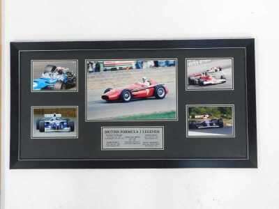 A British Formula 1 Legends photographic display, comprising photographs of Jackie Stewart, Damon Hill, Sterling Moss, James Hunt and Nigel Mansell, framed, 37cm x 74.5cm, together with a sign, to one side Body Repair Reception, the other with a Kleber pr - 2