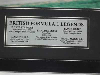 A British Formula 1 Legends photographic display, comprising photographs of Jackie Stewart, Damon Hill, Sterling Moss, James Hunt and Nigel Mansell, framed, 37cm x 74.5cm, together with a sign, to one side Body Repair Reception, the other with a Kleber pr - 3