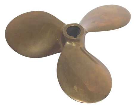 A brass three blade boat propeller, 25cm wide.