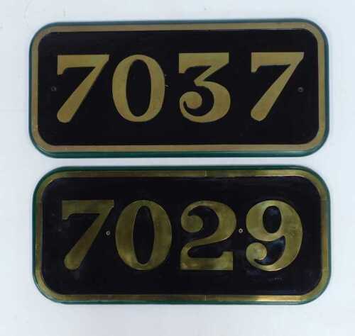 Two reproduction locomotive cab side number plates, 7037 and 7029, each 30cm x 34cm.