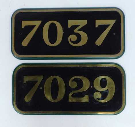 Two reproduction locomotive cab side number plates, 7037 and 7029, each 30cm x 34cm.