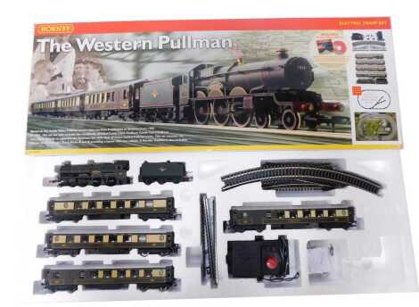 A Hornby OO gauge electric train set The Western Pullman, including 4-6-0 Castle class locomotive Spitfire, four Pullman coaches, starter oval of track, controller and other accesories, boxed, R1048.