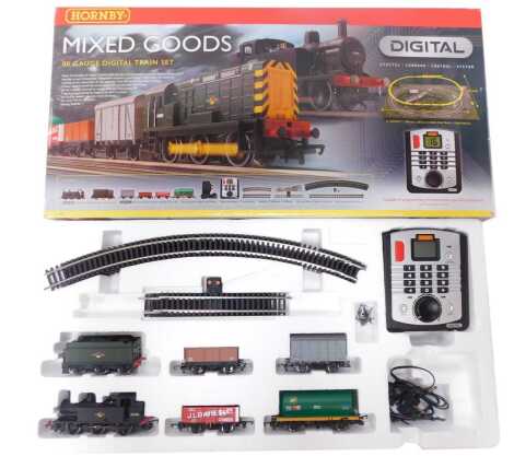 A Hornby Mixed Goods OO gauge digital train set, including BR black 0-6-0 T class 3F Jinty locomotive, vent van, bp tanker, Hornby select digital controller, track and accessories, missing class 08 diesel locomotive, boxed. Upon initial inspection missing