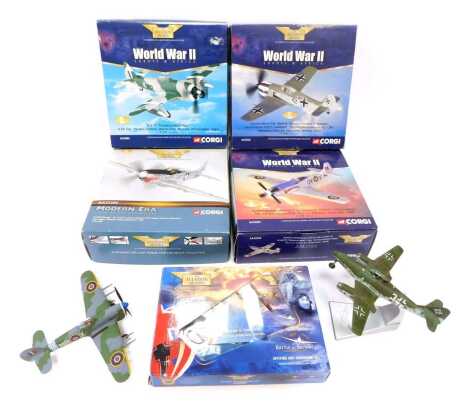 Corgi The Aviation Archive diecast planes, including AA343302 Focke Wulf FW109A-4 'Black Double Chevron' Fritz Losigkeit, North American P51 D Mustang IV, KM272 Dooley Bird, no. 19 Squadron RAF Flight Lieutenant Dooley England 1945, RAF no. 79 Squadron Bu