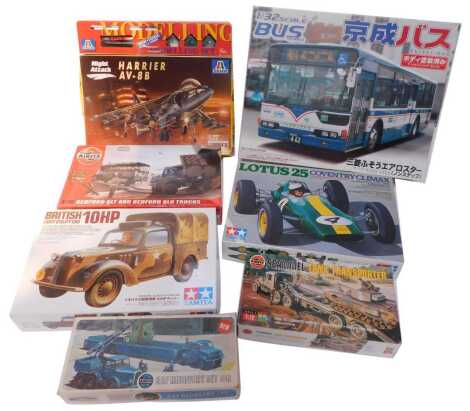 Tamiya, Oshima, Italeri and other model kits, including Oshima 1:32 scale Keisei bus by Mitsubishi Fuso Aeorstar, a Tamiya Lotus 25 Coventry Climax, a Tamiya 1:35 scale British Light Utility Car 10HP, Airfix Scammell tank transporter, etc., boxed.