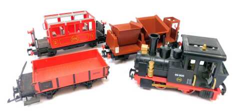 Playmobil G scale, 0-4-0 locomotive and rolling stock, including coach, plank wagon and tipper wagon. (4)