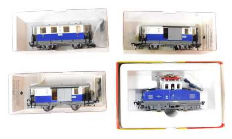 Fleischmann HO gauge locomotive and rolling stock, including Rack and Pinion Electric locomotive number 12 of the Lower Elbe Railway, 5054 Edelweiss local baggage coaches and a 5056 Edelweiss four-wheel coach, boxed. (4)