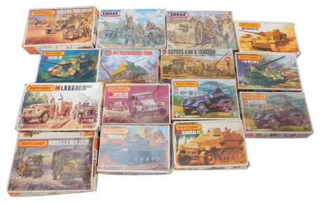 Matchbox, Emhar and other 1:76 scale model kits, including 30CWT Chevrolet Willys Jeep, PK87 Panzer Jaeger IV L70, PK74 Panzer PZKFPWIII Ausf-L, PK88 Krupp Protze KFZ69 (lacking decals), M40 GMC, SDKFZ 11 (lacking display base parts) etc.,some partially c