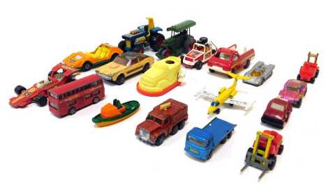 Matchbox, Corgi and other playworn diecast vehicles, including a Matchbox Speed Kings Ford Capri 2, Matchbox Speed Kings K42 Nissan 270X, Dinky Toys Aveling Barford road roller, Corgi Toys Whizzwheels US racing buggy, etc. (1 tray)