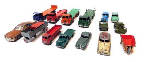 Corgi and Dinky playworn diecast vehicles, including Foden flat bed truck, Dinky Toys Fordson truck, Dinky Toys Hudson sedan, Dinky Toys Hillman Minx, Corgi 290 Cojack's Buick Regal, etc. (1 tray)