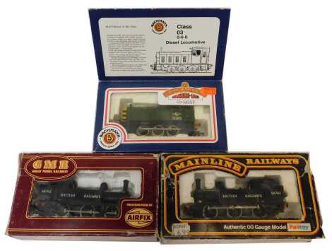 Bachmann, Airfix and Mainline locomotives, including a Bachmann Branchline OO gauge class 03 diesel locomotive, an Airfix J72 class locomotive in BR black, and a Mainline J72 class locomotive, in BR black, boxed. (3)