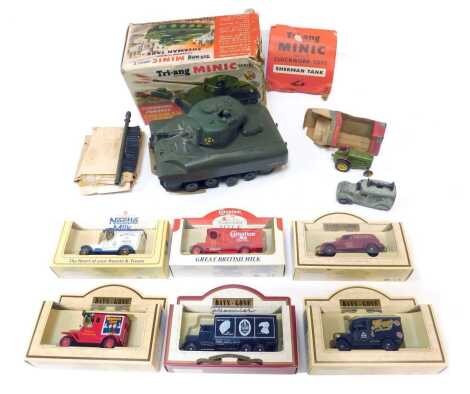 A Tri-ang Minic series 2 clockwork Sherman tank, boxed, a Mettoy 660 mechanical model tractor, a Dinky Toys 34C loudspeaker van, and six Lledo Days Gone diecast advertising vehicles. (9)