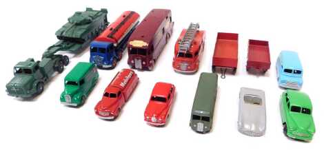 Dinky Toys diecast vehicles, including Thornycroft Mighty Antar tank transporter, Dinky Supertoys Regent Foden tanker, Dinky Supertoys British Railways horsebox, Dinky Toys fire engine, Dinky Toys Cunningham C-5R, Dinky Toys Austin Somerset, Dinky Toys Be