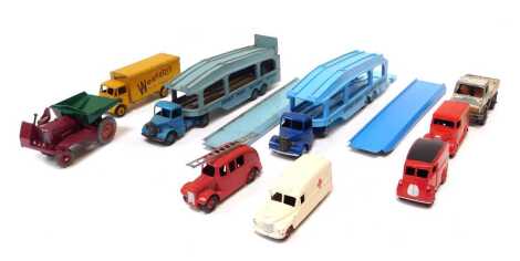 Dinky Toys diecast, including Dinky Supertoys Muir-Hill dumper, Dinky Toys Delivery Service, Bedford Pullmore car transporter, Dinky Supertoys Weetabix Guy van, Dinky Toys Daimler ambulance, Dinky Toys Dunlop Trojan van, Dinky Toys Royal Mail van, etc. (1