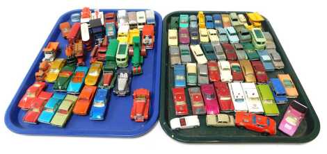 Matchbox playworn diecast, including Matchbox series number 5 Lotus Europa, Matchbox series number 75 Ferrari Berlinetta, Matchbox Superfast number 64 Fire Chief, Matchbox series number 55 Superfast Mercury, Matchbox Ford Fairlane Fire Cheif's car, etc. (