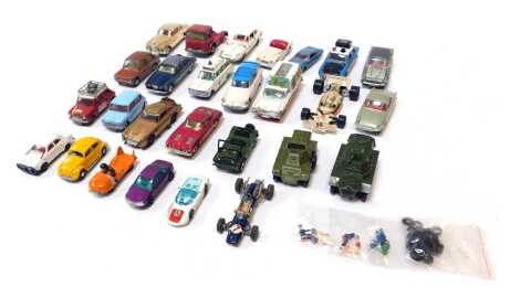 Corgi, Dinky and other playworn diecast, including a Corgi Toys Bentley Continental sports saloon, Corgi Toys 267 James Bond's Aston Martin DB5, Dinky Toys Jaguar E Type 2+2, Corgi Toys Whizzwheels Yardley McLaren Ford M19A, Corgi Toys Hillman Imp, Corgi 