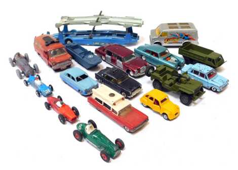 Dinky, Corgi and other playworn diecast vehicles, including Corgi Chevrolet van, Dinky Toys Ford Transit van, Dinky Toys Rolls Royce Silver Cloud III, Dinky Toys Mercedes Benz 600, Dinky Toys US Jeep, Dinky Toys Ferrari racing car, Dinky Toys H.W.M, Corgi