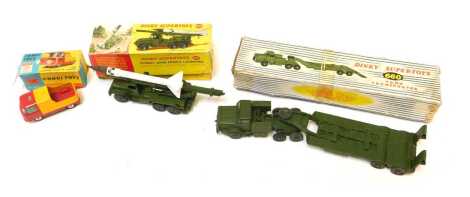 Corgi Toys and Dinky Supertoys boxed diecast, including Dinky Supertoys 660 tank transporter, Dinky Supertoys 665 Honest John missile launcher, and Corgi Toys 465 pickup truck. (3)