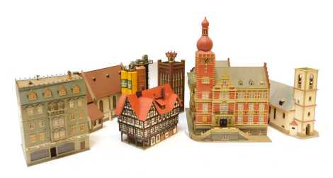 Kibri and other HO gauge buildings, including Lea Town Hall, Faller Village Church, Kibri Town Hall/Hotel, etc. (1 box)