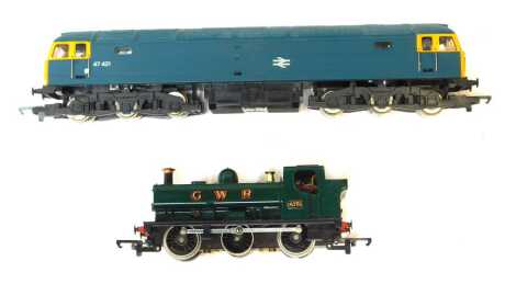 Hornby Railways OO gauge locomotives, including R075 BR class 47 diesel locomotive in BR blue with yellow ends, and an R041 GWR class 57XX pannier tank locomotive 0-6-0 8751 in GWR green, boxed. (2)