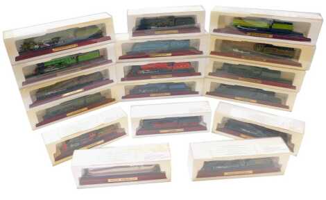 Atlas editions static models, including S 3/6 class locomotive SNCB 12 class, LMS Duchess class locomotive Duchess of Sutherland, PLM Pacific, BR standard class 7 Britannia, BR class 9F Evening Star, etc. (1 box)