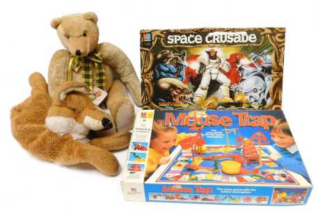 A Canterbury Bears blonde jointed Teddy bear, named Rodney Bloomfield, 53cm high, boxed, together with a soft toy fox, MB Mousetrap game and Space Crusade The Ultimate Encounter Game.