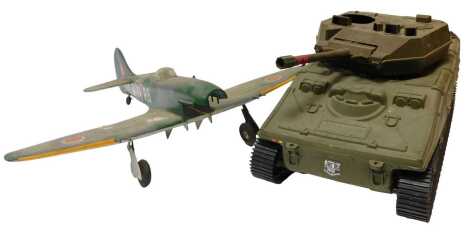 A Cherilea Toys for Action Man tank, 25cm high, together with a painted wooden aircraft, lacking engine, 64cm wide.