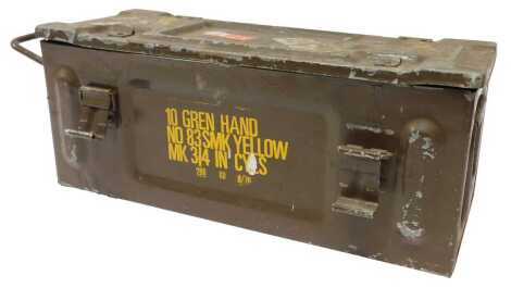 A British Army grenade box, marked mk3/4 yellow smoke hand grenades, 49cm wide.