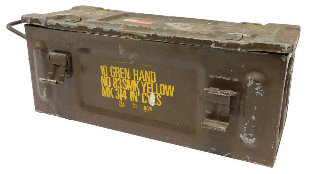 A British Army grenade box, marked mk3/4 yellow smoke hand