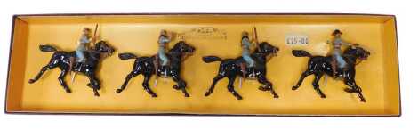 A W Britain lead The American Civil War Confederate Cavalry toy soldier set, comprising four figures on horseback, boxed.