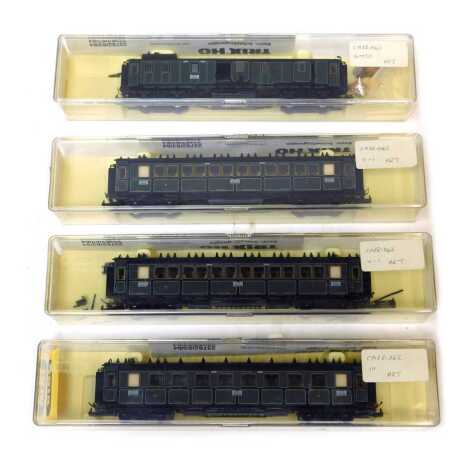 Trix HO gauge Bavarian third class express train coaches, including first and second class, third class, and express baggage car of The Royal Bavarian State Railway, boxed. (4)