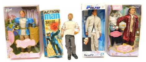 Action Man and Barbie dolls, including Action Man by Palitoy Sailor, Ken as Prince Stefan and Barbie The Princess and the Pauper King Dominic, and a Boom.com 5 Scott doll, boxed. (4)