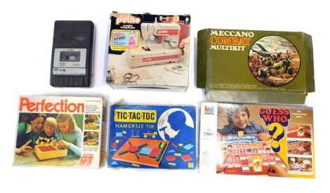 Games and toys, including a Petit Lockstitch sewing machine, MB Games Guess Who, Mecanno combat multi kit, jumbo Tic Tac Toe, Perfection, etc. (a quantity)