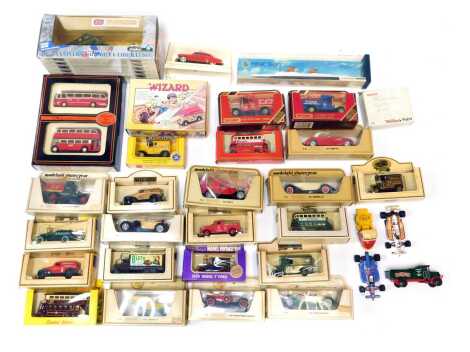 Corgi, Lledo and other boxed diecast, including Solido 50th Anniversary The Liberation of France and North Western Europe Guard's Armoured Division M4 Sherman tank, Champion spark plugs commemorative limited edition Ford Model T delivery van, Minic ships 