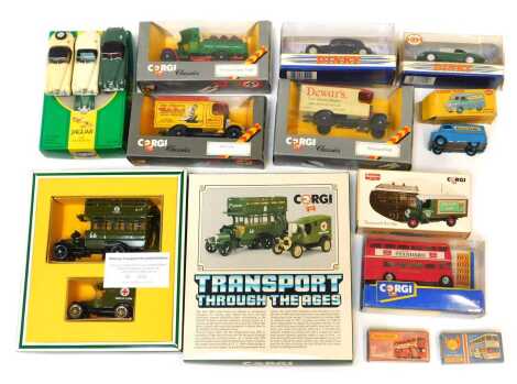 Corgi, Matchbox and other diecast, including Corgi Classics White Rock Mac truck, Thornycroft beer truck Thomas Wethered and Sons, Corgi Batchelor's Peas Thornycroft box van, Corgi London bus 91760, Corgi C88 Transport Throughout the Ages gift set, etc. (