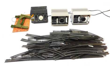 Hornby OO gauge track and controllers, including Hornby 900 power control, R6948 Hornby power unit control centre, track, points, etc. (2 trays)