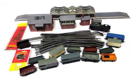 Bachmann and other OO gauge locomotives, rolling stock and accessories, including Bachmann class 56XX 0-6-2 tank locomotive in BR liner green, Bachmann brake van, plank wagons, track, cardboard buildings, etc. (1 box and 1 tray)