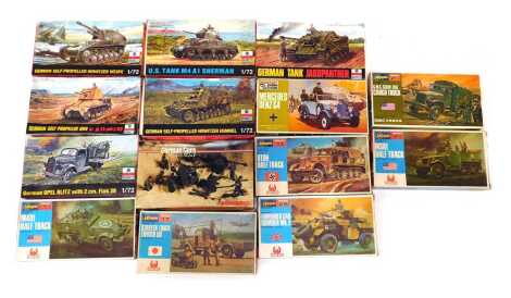 ESCI and other model kits, including German tank Jagdpanther, German Opal Blitz with 2CM flack 38, Hasegawa M4A1 half track, etc. Note, Wespe, box only - lacking contents, but all other kits complete and unstarted, (a quantity)