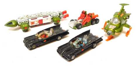 Dinky and Corgi playworn diecast, including Dinky Toys Galactic War Chariot, Dinky Toys Eagle Transporter, Dinky Toys Shadow UFO Interceptor, and Corgi Toys 267 Batmobile. (1 tray)