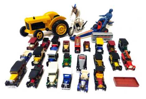 Playworn diecast and toys, including Matchbox Models of Yesteryear K20 Merccedes Benx 540, Matchbox Models of Yesteryear Y7 Rolld Royce, Matchbox Models of Yesteryear number Y4 1930 Model J Duesenberg town car, Fisher Price Toys drag racer, Evil Knievel s