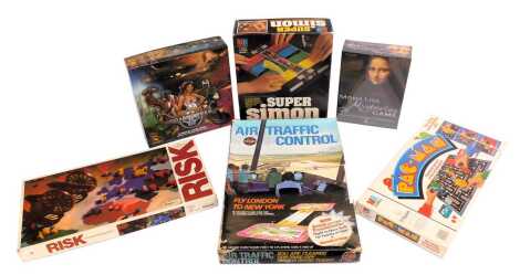 MB and other board games, including Mona Lisa Mystery Game, Lionel Borg Metal Adventures game, MB Super Simon, MB Games Pac Man, Palitoy Risk, and Airfix Air Traffic Control Airline Flight Game. (a quantity)