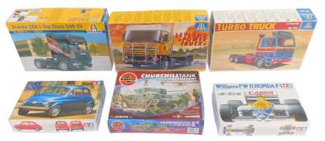 Airfix, Tamiya and Italeri model kits, including a Tamiya Fiat 500F, Tamiya Williams FW11 Honda F1, Airfix Churchill tank, Italeri Turbo Truck, etc. (a quantity)