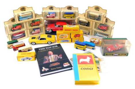 Corgi Dinky and other reproduction diecast, including Dinky Toys 162 Ford Zephyr saloon, Dinky Toys 260 Royal Mail van, Dinky Toys 106 Austin Atlantic Convertible, Motormax 1970's Mustang Boss 429, Corgi Classic Models D739 Ferrari 250GTO, etc. (1 box)