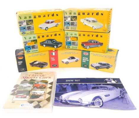 Vanguards and Atlas Editions diecast, boxed, including Vanguards VA03405 Ermine white Ford Capri 109E GT, Vanguards VA06402 lime yellow swan white Vauxhall PA Cresta, Vanguards VA07300 Ford Cortina MkI Goodwood Green, etc. (1 tray)