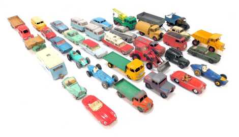 Dinky Corgi and other diecast, including Dinky Toys Hutton Sedan, Dinky Toys Talbot Largo, Dinky Toys Jaguar MkX, Corgi Toys Plymouth Sports Suburban, Dinky Toys Bedford Van, Dinky Toys Standard Atlas, etc, playworn. (1 box)