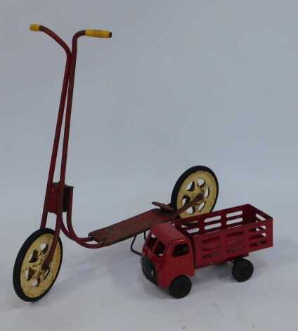 A Mobo push scooter and a Tri-ang tinplate farm truck. (2)