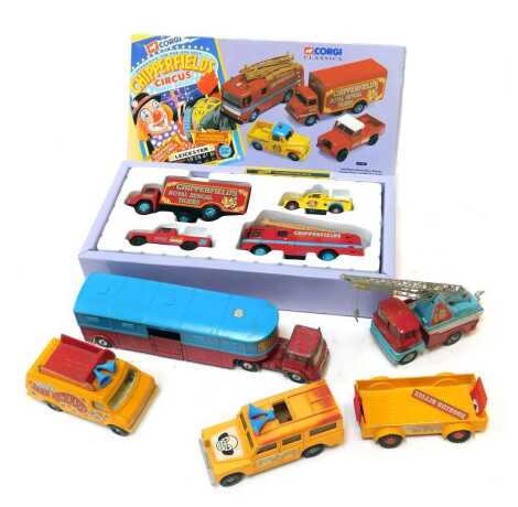 Corgi Chipperfield Circus and John Richard Binder circus vehicles, including 31703 Chipperfield Circus Land Rover Morris Minor pick up Thames Trader and AEC fire engine set, Binder John Richard Chevrolet van, Corgi Major Toys Chipperfield Circus articulat