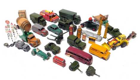 Dinky Toys playworn diecast vehicles, including Dinky Supertoys ten tonne army truck, Dinky Toys Ford Transit van, Dinky Toys Trojan truck, Dinky Toys, Moto Cart, Dinky Toys Morris Oxford, Dinky Toys luxury coach, etc. (1 tray)