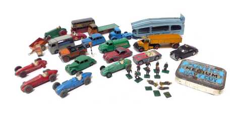 Dinky and Corgi playworn diecast, including Dinky Toys Riley 40A, Dinky Toys H.W.M, Dinky Toys Aveling Barford road roller, Dinky Super Toys Guy flatbed truck, Dinky Toys Sunbeam Alpine, Corgi Toys Riley Pathfinder, etc. (1 tray)